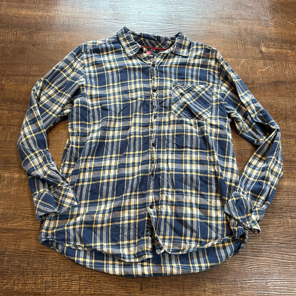 Quiksilver Navy and Mustard Plaid Men's Shirt XL